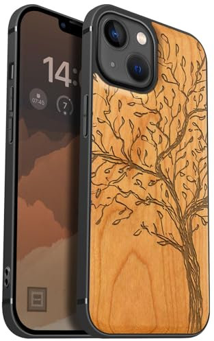 Carveit Funda para iPhone 13 Magnética Carcasa, Compatible con MagSafe Madera y Silicona Híbrido Apple 13 Funda Madera (Cereza-El Olivo Vintage)