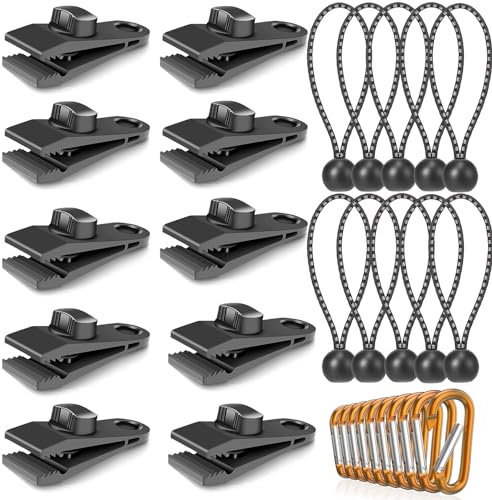 Planenclips, 30 Stück Tarp Clips Set, 10 Heavy Duty Tarp Clips mit 10 Zelt Bungees Schnüre und 10 Karabiner Clips,Planenclip Zelte Clip, für Zelt Camping Vorzelt