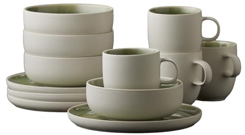 Studio Round North Steingut Geschirr Set für Brunch/Frühstück Servier Set, Geschirrset 4 Personen,12 Teile, 4 x Teller, Schüsseln und Kaffeetassen aus Steinzeug, Shiny Moss