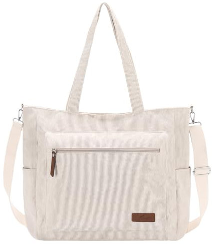 Kasgo Bolso Tote de Pana Grande para Mujer - Portátil a Mano, Cruzado y al Hombro, Ideal para Universidad, Trabajo, Compra y Ordenador Portátila, Marrón