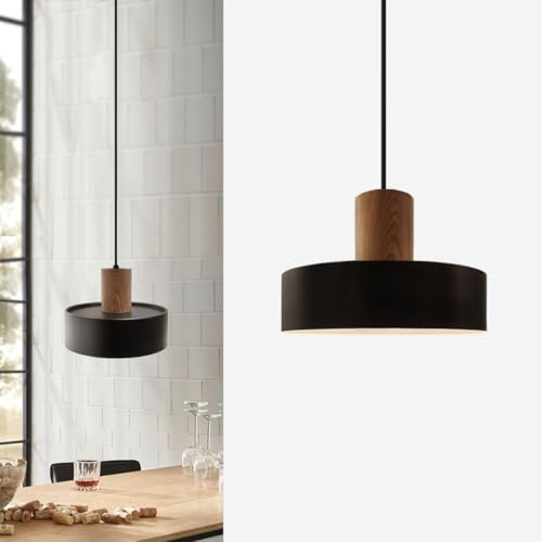 Lámpara Colgante Madera,Lampara Colgante Techo Negro Pantalla Aluminio 25cm,Lámpara Colgante Cocina Vintage Grande,Lámpara Colgante Industrial E27 Para Comedor,Mesilla De Noche Dormitorio,Salón,1pcs
