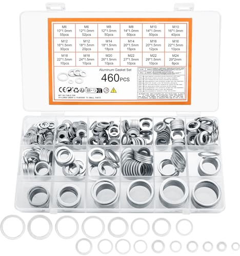 460 Pcs Arandelas Metalicas para Tornillos, Arandelas Planas, Arandelas de Aluminio, Arandelas para Tuberías de Drenaje de Aceite Hidráulica Automóviles, M6 M8 M10 M12 M14 M16 M18 M20 M22 M24