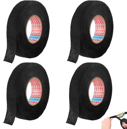 LEIBOCHAO 4 Piezas Cinta Aislante Negra, Cinta de Algodón - 19 mm x 25 m - Cinta de Tela Negra, Cinta de algodón no Tejida Alta Temperatura para Aislar y Agrupar Cables de Manera Segura