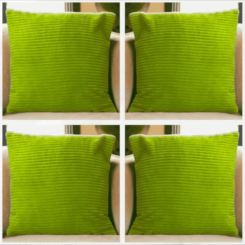 Seechoo Set di 4 federe per cuscino in velluto a coste, 40 x 40 cm, tinta unita, morbide, a righe, colori assortiti (verde lime)