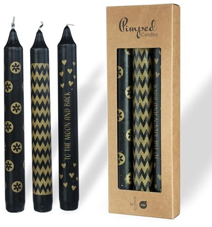 COMFORDER Stabkerzen Set, 3x Tafelkerzen mit Spruch + Motiv, 20cm, 7 Stunden Brenndauer (Schwarz + Gold)