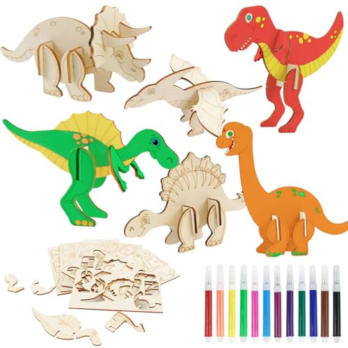 Dinosaurier Holz Bastelset Kinder, 24 Stück Dino Bastelset zum Bemalen und Basteln DIY, 3D Puzzle Dino Holzbastelsets Kindergeburtstag Spielzeug, Dino Holz Basteln Jungen Mädchen Geburtstag Handwerk