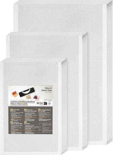 Vakuumierbeutel 150 Beutel, Profi Vakuumierfolie Vakuumbeutel 15x25cm/20x30cm/28x40cm für Vakuumierer & Lebensmittel Lagerung & Sous Vide Geeignet, Gefrierbeutel BPA-frei & Reißfest