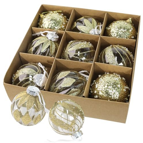 9 Weihnachtskugeln 8 cm, 3 Designs mit Glitter, erhältlich in 3 Farben (Rot, Gold, Roségold) Elegante halbdurchsichtige Deko für Weihnachtsbaum, weihnachtsdeko, Kunststoff Christbaumkugel