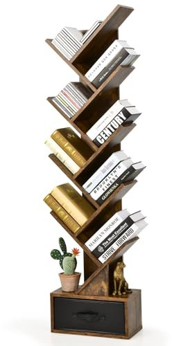 FANTASK Libreria con cassetto, scaffale a 8 ripiani, a forma di albero, per CD e DVD, per camera da letto, soggiorno e ufficio, 38 x 21,5 x 149,5 cm (marrone usticale)