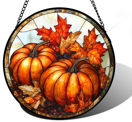 Kürbis-Ahornblatt-Buntglas-Fenster-Sonnenfänger, Geschenk, 19,8 cm | Sonnenfänger für Weihnachten, Geburtstag, Muttertag, üppige Herbstdekoration, Geschenk für Frauen, Mutter, Oma, Oma, Ehefrau