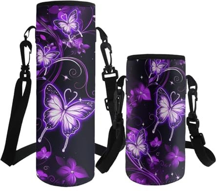 ASQVTIFE Butterfly Water Bottle Carrier with Strap for Kids Girls Neoprene Insulated Hydrobag Crossbody Water Bottle Holder School Camping Steel/Glass/Plastic Bottles Energy Drinks L