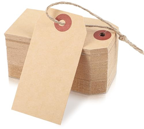 Nogeqi 100PCS Price Tags with String, Luggage Labels with String with Reinforced Hole, 2.76 X 1.38 Inch Gift Paper Tags for Christmas Thanksgiving Wedding Holiday Crafts Clothes (Brown Kraftpaper)