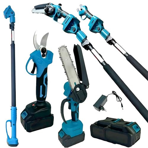 Set Motosega Elettrica 6 e Tronchese, Kit Potatura con Asta Telescopica 255 cm, 2 Batterie 48V, Lame per Taglio Alberi