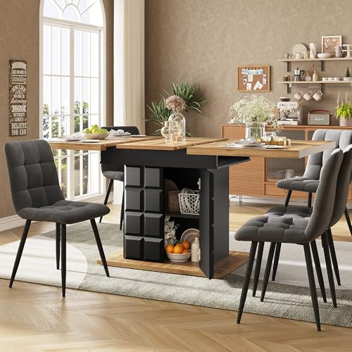 Ligterra Esstisch Teleskoptisch, Klappbarer Küchentisch für 4-6 Personen, Ausziehbarer, Platzsparender, für Küche und Wohnzimmer, Tisch mit kariertem Muster, 110-140×80cm (Schwarz)