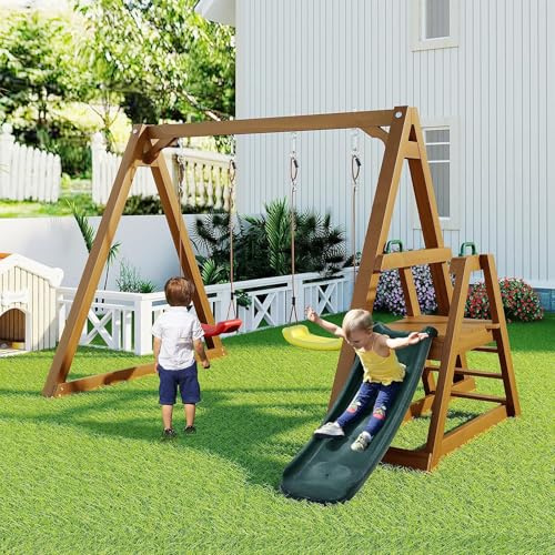 XYEJL Outdoor Holz Kinder Doppelschaukel mit 2 Schaukelsitzen, Outdoor Gartenschaukel, Schaukelgestell, Robuste Kinder Gartenschaukel mit Rutsche und Kletterleiter