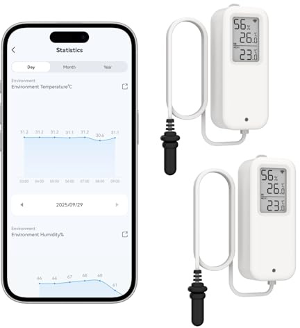 Daytech Tuya - Termómetro digital para frigorífico WiFi, temperatura digital con alerta de aplicación, registros de temperatura y humedad y exportación de datos gratis con sonda de 1 m de longitud