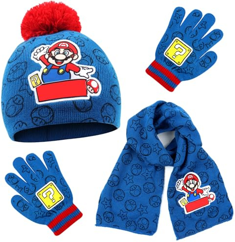 YOILIK Super Mari 3-Teiliges Set Kinder Super Mari Wintermütze Schal Handschuhe Set, Super Mari Mädchen Winter Hut Schal Handschuhe, Mari Jungen Warme ​Wintermütze Hut Hands chuhe Runder Sch al, Blau