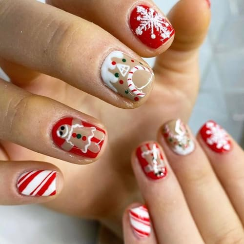Candy House Nägel zum Aufkleben, kurz, quadratisch, falsch mit Lebkuchenmann-Designs, zum Aufdrücken für den Winter, Weihnachten, zum Aufdrücken auf kurzes quadratisches Süßigkeitenhaus zum Aufkleben