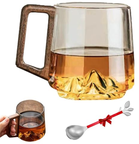 Smokey Gray Glass Slanted Coffee Cups with Wooden Handle, 2026 New Creative Mountain Bottom Wooden Coffee Mug for Water Glass Mug for Coffee & Tea Lovers (Transparent)