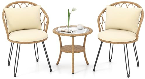 COSTWAY Rattan Gartenmöbel Set, Balkonmöbel Kleiner Balkon, 3-TLG. Balkonset inkl. 2 Stühle mit Kissen & Tisch, Terrassenmöbel, Gartengarnitur für 2 Personen, Sitzgruppe für Garten, Terrasse