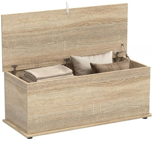 HOMCOM Baúl de Almacenaje con Bisagra de Seguridad 100x40x40 cm Roble
