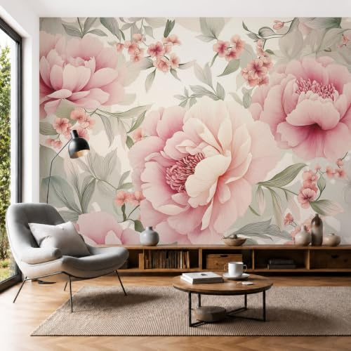 SMBHIAON Papier Peint Panoramique 3D Soie Fleurs Du Jardin,400×280 cm Murales Panoramique Imprimé Pivoine Rose Clair Pour Salon, Chambre D'Enfants, Restaurant Décoration,Poudre Blush