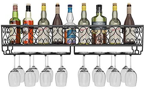 AcornFort® W-612 Porte-Verres à Champagne en métal Noir, à Suspendre au Mur, pour Verres à Pied, Support avec capacité de 80 x 20 cm pouvant contenir jusqu'à 18 Bouteilles de vin et 18 Verres à vin