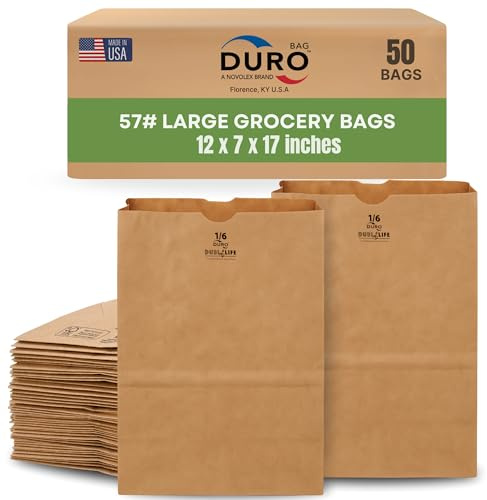 DURO 57# Heavy Duty Brown Grocery Bags, No Handles, 12x7x17 In, 50 Ct
