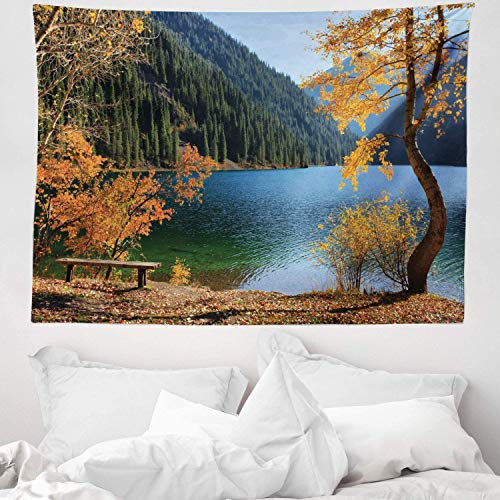 ABAKUHAUS Fallen Wandteppich, Lake Forest Autumn Tree aus Weiches Mikrofaser Stoff Waschbar ohne Verblassen Digitaldruck, 150 x 110 cm, Orange Grün