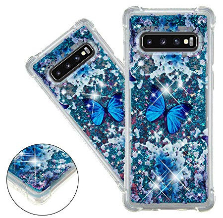 COTDINFOR Samsung Galaxy S10 hülle Cute Glitzer Handyhülle Sparkle Bling Flüssigkeit Treibsand Schutzhülle Stoßfest Weich Silikon hülle für Samsung Galaxy S10 Blue Butterfly YB.