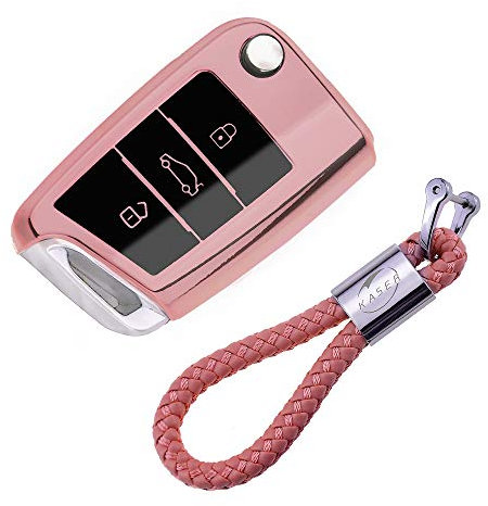 Coque en Silicone pour Clé Volkswagen VW Golf 7 MK7 Passat Seat Ibiza Leon Skoda Octavia Cover Housse Porte-clé TPU Protection Télécommande (Rose)