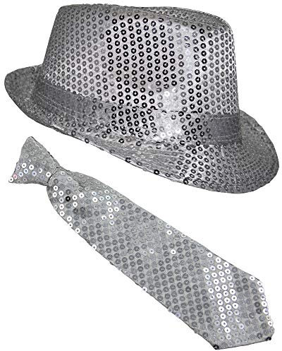 Foxxeo Pailletten Kostüm Set für Fasching & Silvester - Silber - Hut & Krawatte - Karneval & Junggesellenabschied