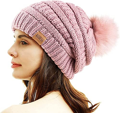 REDESS Damen Winter Pom Pom Beanie Mütze mit warmem Fleece gefüttert, Dicker Slouchy Snow Knit Chunky Baggy Skull Ski Cap