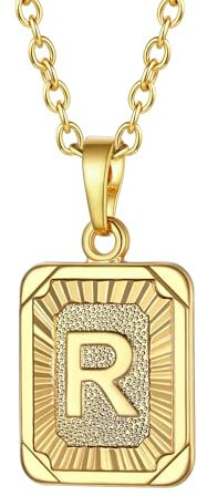 FOCALOOK Damen Buchstabe R Collier 18k vergoldet Initiale Rechteck Anhänger mit 50+5cm Rolokette goldene Modeschmuck Accessoire für Geburtstag Weihnachten Party