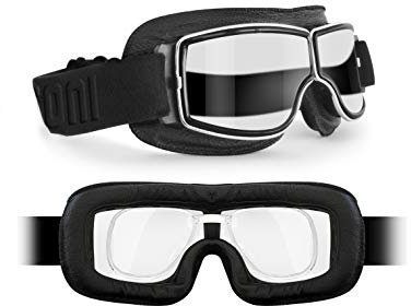 BERTONI Motorradbrille Schutzbrille für Harley Davidson Chopper und Scrambler aus schwarzem Leder und Chrom Rahmen mod. 188 (Transparente Linse + Optischer Adapter)