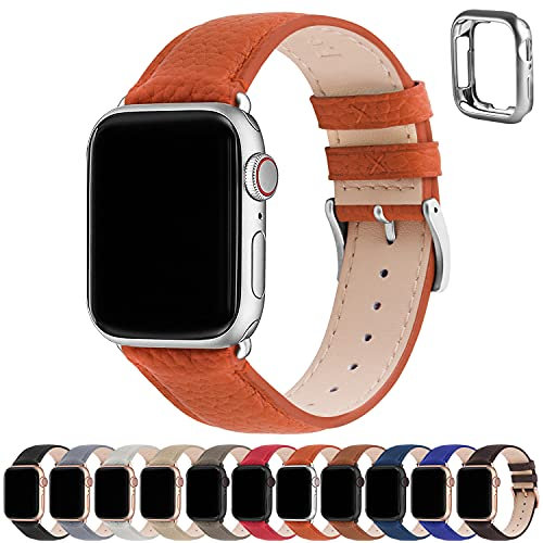 Fullmosa Cinturino Apple Watch Ultra 2 45mm/44mm/42mm/49mm, LichiBosin Cinturini in Pelle per Apple Watch Serie 9 8 7 6 5, Apple watch SE 2/ SE, Per Uomo e Donna, Arancione Zucca + Fibbia Argenta
