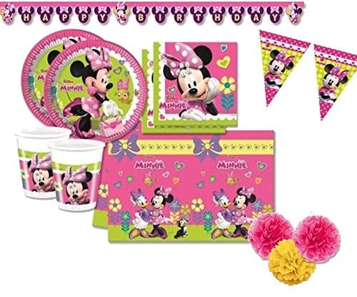 KIT COMPLEANNO PER 16 PERSONE N 54 COORDINATO TAVOLA MINNIE TOPOLINA ADDOBBI FESTA PARTY PIATTI BICCHIERI
