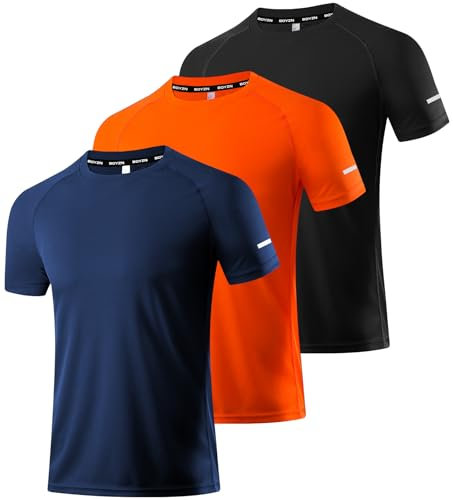 3 Pack T Shirts for Men, Moisture Wicking Dry-Fit Short Sleeve T-Shirts, Athletic Running Gym Workout Sports Tee Tops Black/Navy/Orange-3P10-M