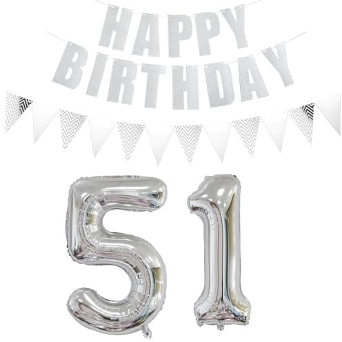 ot de 2 ballons en forme de chiffre 51 argenté + guirlande Happy Birthday + bannière en aluminium argenté 51 ans Décoration d'anniversaire pour hommes et femmes 51 ballons d'anniversaire