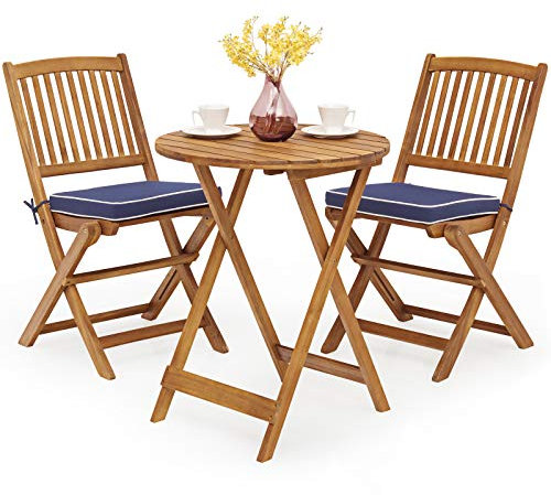 COSTWAY 3 Piece Folding Patio Bistro Set, Acacia Wood Table and Chairs with Cushions, Outdoor Dining Furniture Set for Balcony, Garden and Poolside (Navy Blue)