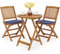 COSTWAY 3 Piece Folding Patio Bistro Set, Acacia Wood Table and Chairs with Cushions, Outdoor Dining Furniture Set for Balcony, Garden and Poolside (Navy Blue)