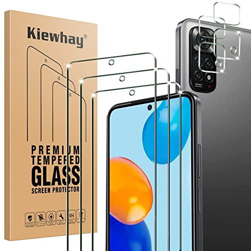 Kiewhay Protector de Pantalla Compatible con Xiaomi Redmi Note 11/ Note 11S Cristal Templado 6,43'', 3x Vidrio Templado +4x Protector de Lente de Cámara, [9H Dureza] 99,99% HD Protector - 7 Piezas