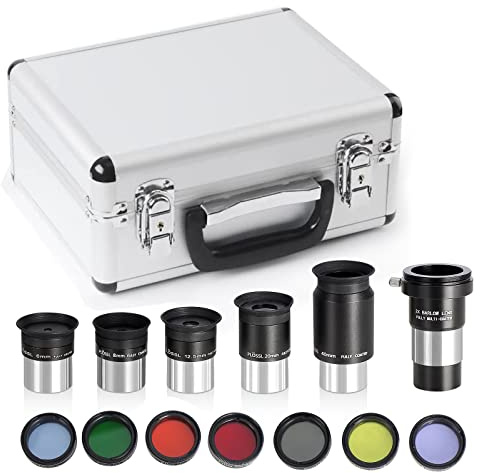 CelticBird Set oculare e filtro da 3,2 cm con custodia per il trasporto (13 pezzi), 5 oculari Plossl, 5 filtri colorati, 2 lenti di Barlow, filtro lunare e filtro polarizzante