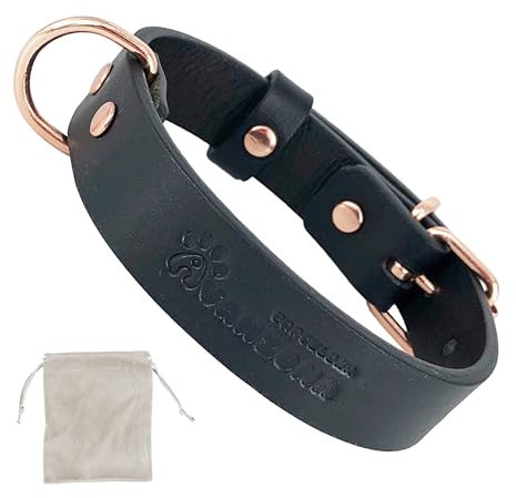 Leather Dog Collar. Soft Quality Leather, Handmade In Spain, Dog Collar Leather for Small Medium Large Dog. Black and Rose Gold.