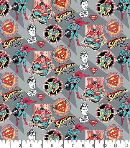 Camelot Fabrics Superman Muscle Building DC Comics Baumwollstoff, Meterware, 111,8 cm breit, grau, 100 % Baumwolle, lizenzierter Stoff für Kinder, zum Quilten, Basteln, Nähen, Schneidern