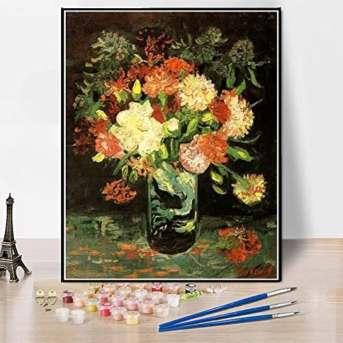 Malen nach Zahlen für Erwachsene, Vase mit Nelken, Malen von Vincent Van Gogh Arts Craft für Heimwanddekoration, 40 x 60 cm