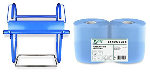 2 x blaue saugstarke Papierrolle mit Wandhalter inkl. Müllsackhalterung | 1000 Blatt, 22 x 36 cm, perforiert | Putzrollenhalter für Werkstatt, Industrie und Garage