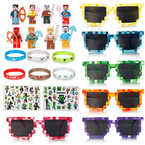 Powmag 22pcs Party Mitgebsel Geburtstag, Party favours, 8 Mini Pixel Figuren, 6 Pixel Brille, 6 Silikon Armband, 2 Aufkleber, für Kindergeburtstag Mitgebsel Spiel Geburtstag Deko