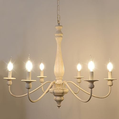 LynPon Holz Bauernhaus Kronleuchter Distressed Weiß, französische Landhaus Industrie lampe 6-flammig Vintage Rustikale Retro Pendelleuchte für Esszimmer, Wohnzimmer, Schlafzimmer