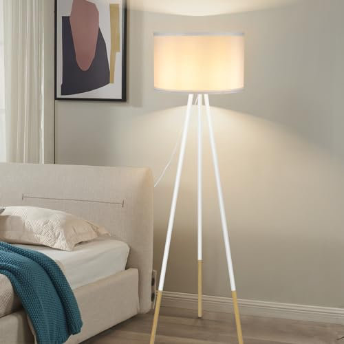 ZMH Stehlampe Wohnzimmer Stehleuchte Modern - Standlampe Schlafzimmer E27 Fassung Standleuchte Landhausstil Weiß Dreibein Design Stoff Schirm 124cm für Zimmer Büro Sofa Hotel